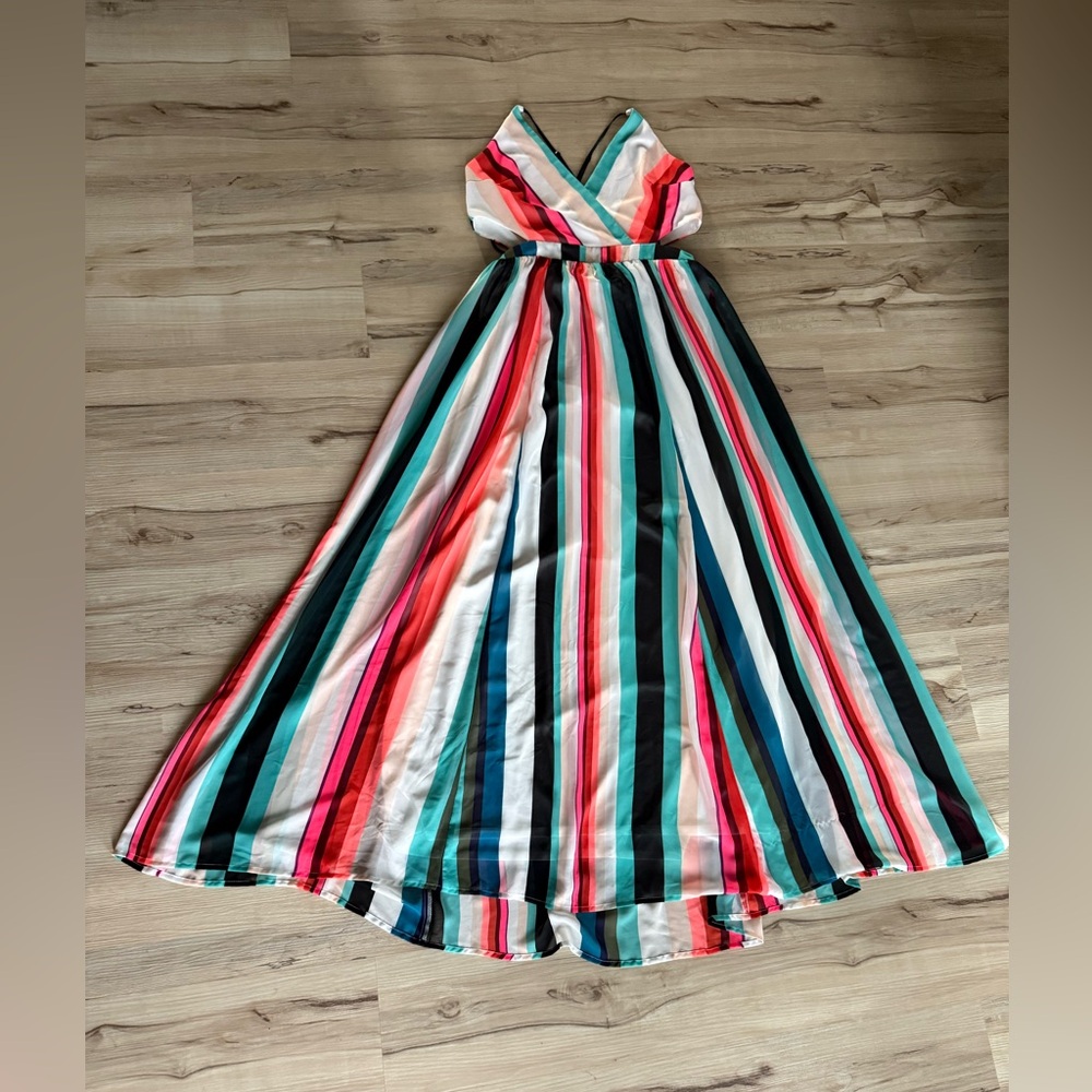 Express Multicolor Stripe Maxi Dress M – Criss Cross Back Vacation Sundress